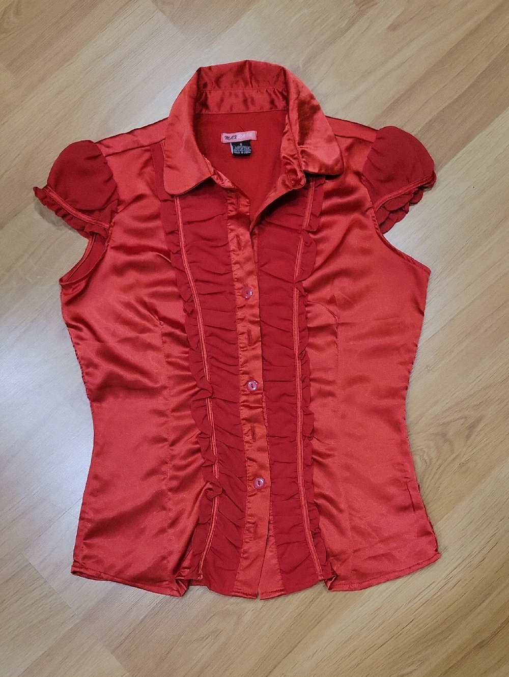 Max Rave Red Satin Ruffle Blouse